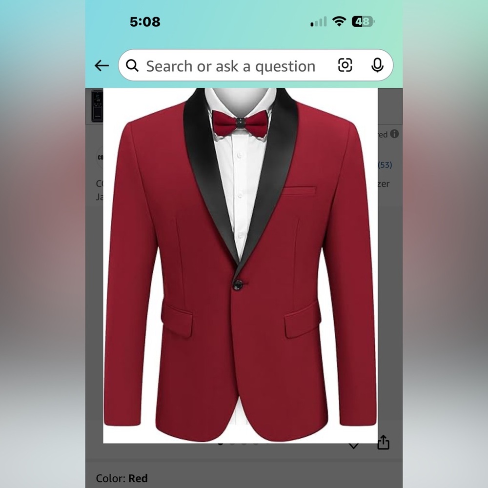 Men's Red Tuxedo Jacket with Black Satin Lapel and Bow Tie